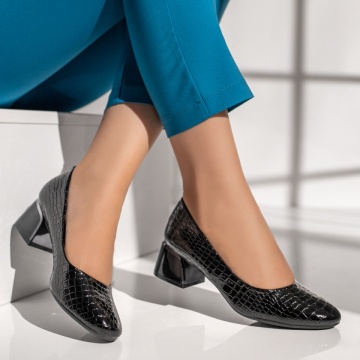 Pantofi dama cu toc si imprimeu negri cu aspect lucios MOD12132, 4, modlet.ro