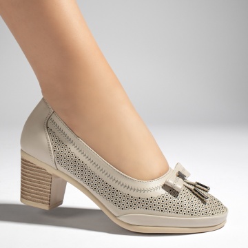 Pantofi dama cu toc si perforatii bej MOD13438, 3, modlet.ro