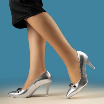 Pantofi dama cu toc subtire si detaliu metalic argintii din Piele naturala MOD13955, 1, modlet.ro