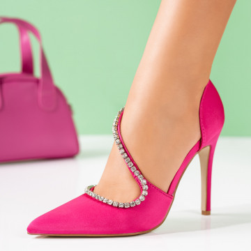 Pantofi dama cu toc subtire si strasuri roz MOD09039, 1, modlet.ro