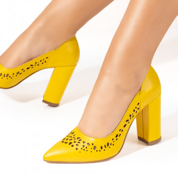Pantofi dama perforati cu toc gros galbeni din Piele naturala MOD10231, 1, modlet.ro