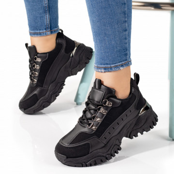 Pantofi dama sport cu siret si talpa groasa negri MOD09790, 3, modlet.ro