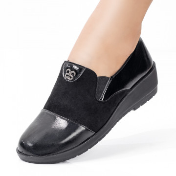 Pantofi negri casual dama cu insertii de material elastic si platforma MDL03491