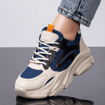 Pantofi sport dama albastri cu bej si talpa groasa MOD08200, 4, modlet.ro