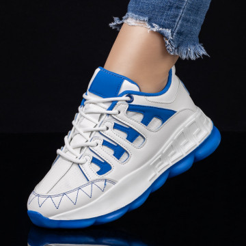 Pantofi sport dama albi cu albastru cu siret si talpa groasa MOD08195, 3, modlet.ro