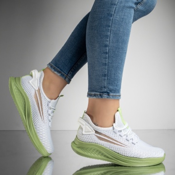 Pantofi sport dama cu siret din material textil alb cu verde MOD13183, 3, modlet.ro