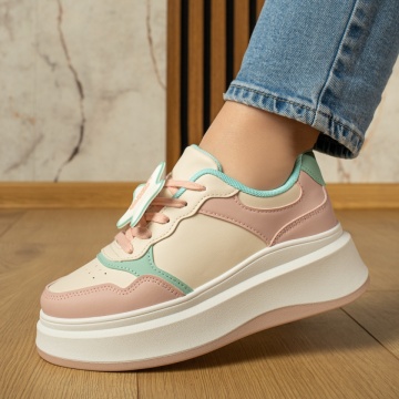 Pantofi sport dama cu siret si talpa groasa alb cu roz MOD13024, 2, modlet.ro