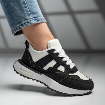 Pantofi sport dama cu siret si talpa groasa albi cu negru MOD11755, 2, modlet.ro