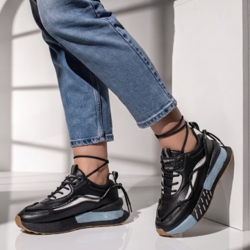 Adidasi dama, Pantofi sport dama cu siret si talpa groasa negri cu albastru MOD09912, modlet.ro