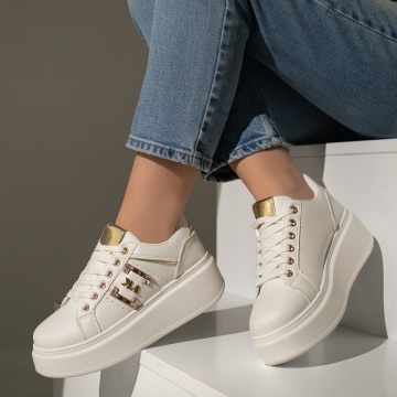 Pantofi sport dama cu talpa groasa alb cu auriu MOD12969, 2, modlet.ro