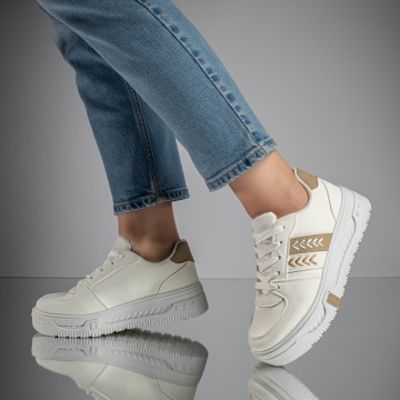 Pantofi sport dama cu talpa groasa albi cu khaki MOD11783, 3, modlet.ro