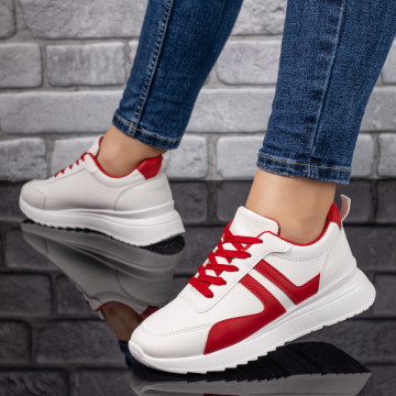 Pantofi sport dama cu talpa groasa albi cu rosu MOD05871, 3, modlet.ro