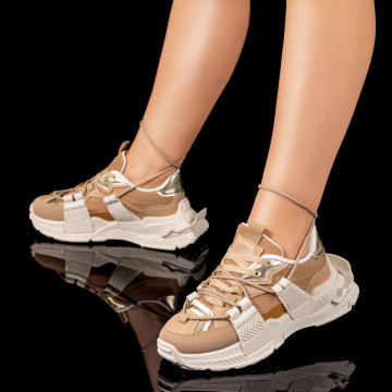 Pantofi sport dama cu talpa groasa khaki cu bej MOD09410, 3, modlet.ro