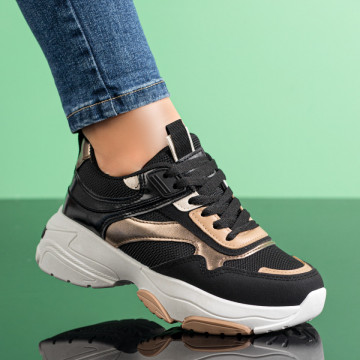 Pantofi sport dama cu talpa groasa negri cu khaki MOD08643, 3, modlet.ro