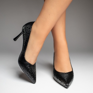 Pantofi Stiletto dama cu imprimeu negri MOD13702, 2, modlet.ro