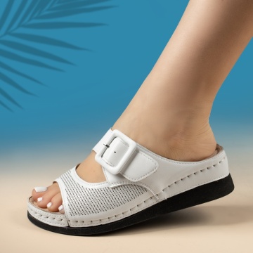 Papuci casual dama cu platforma si catarama albi MOD14287, 2, modlet.ro