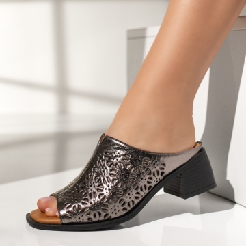 Papuci casual dama cu toc si perforatii gri sidefat din Piele naturala MOD13667, 2, modlet.ro