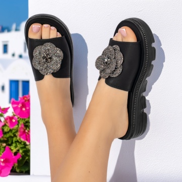 Papuci dama cu model floral si pietre aplicate negri MOD11367, 2, modlet.ro