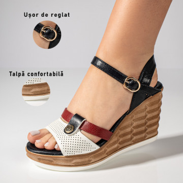 Sandale dama cu platforma albe cu rosu si negru MOD08516, 3, modlet.ro