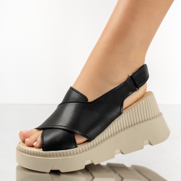 Sandale dama cu platforma negre cu bej din Piele naturala MOD13279, 1, modlet.ro