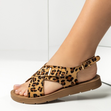 Sandale dama cu talpa joasa si bareta maro cu imprimeu suede ANA8, 2, modlet.ro