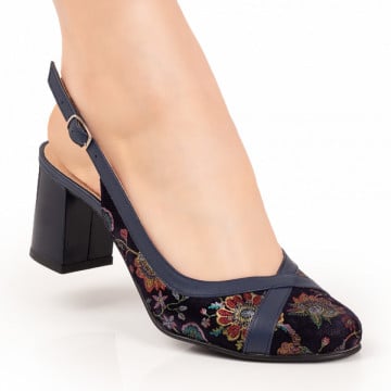 Sandale dama cu toc albastre cu model floral din Piele naturala ZEF07641, 1, zeforia.ro