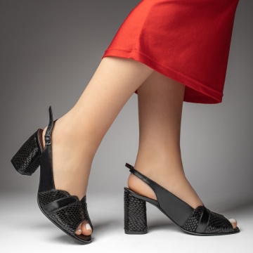 Sandale dama cu toc gros negre cu print din Piele naturala MOD13450, 3, modlet.ro