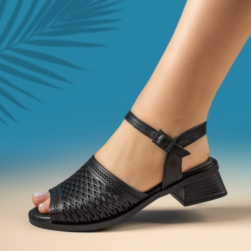 Sandale dama cu toc gros negre din Piele naturala MOD14356, 1, modlet.ro