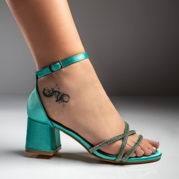 Sandale dama cu toc si aplicatie cu pietre verzi din satin MOD08792, 1, modlet.ro