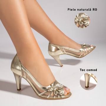 Sandale dama cu toc subtire aurii din Piele naturala MOD11385, 3, modlet.ro
