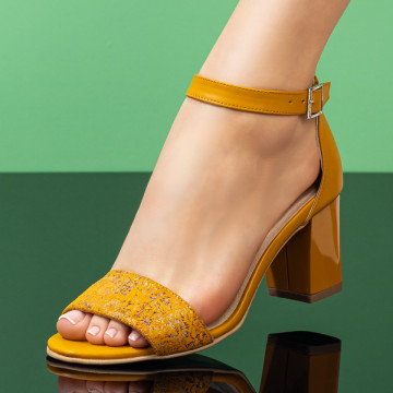 Sandale dama galbene cu print din Piele naturala MOD04809, 3, modlet.ro