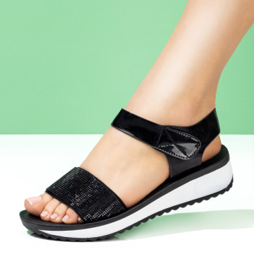 Sandale dama negre cu insertie de pietre negre MOD08398, 4, modlet.ro
