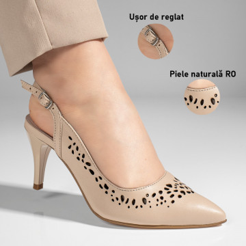 Sandale dama perforate cu toc subtire bej din Piele naturala MOD11306, 3, modlet.ro