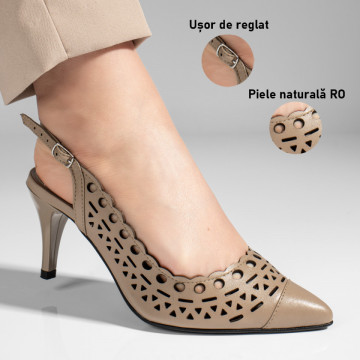 Sandale dama perforate cu toc subtire gri din Piele naturala MOD11307, 3, modlet.ro