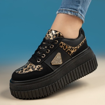 Sneakers dama cu accesoriu decorativ si imprimeu negri ZEF13440, 1, zeforia.ro