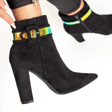 Botine cu toc negre suede de dama cu catarama decorativa MOD07392, 3, modlet.ro