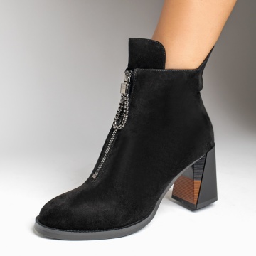Botine dama, Botine dama cu toc gros negre suede din Piele naturala MOD12178, modlet.ro