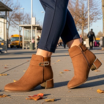 Botine dama, Botine dama cu toc si aplicatii cu pietre maro suede MOD12877, modlet.ro