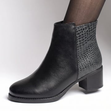 Botine dama cu toc si imprimeu negre din Piele naturala BIA31