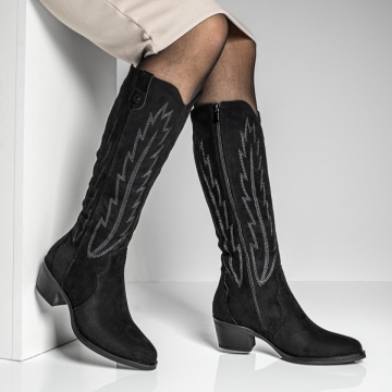 Cizme dama cu toc gros si imprimeu negru suede MOD12641, 4, modlet.ro