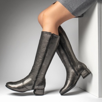 Cizme lungi cu fermoar gri cu aspect sidefat Piele naturala MOD12292, 3, modlet.ro