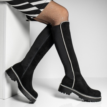 Cizme lungi dama cu talpa groasa si strasuri negru suede MOD12914, 2, modlet.ro