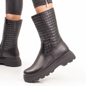 Cizme scurte de dama cu talpa groasa negre din Piele naturala MOD07265, 1, modlet.ro