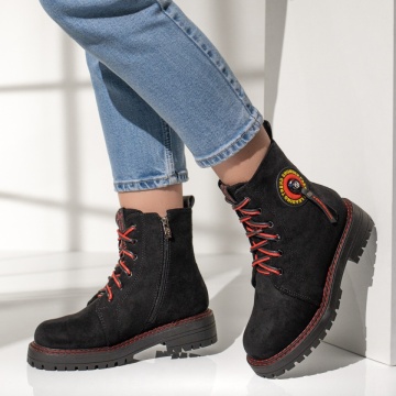 Ghete Dama, Ghete cu siret si fermoar dama negre cu rosu suede MOD07156, modlet.ro