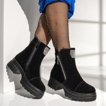 Ghete dama cu fermoar si aplicatii cu strasuri negru suede MOD12625, 4, modlet.ro