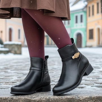 Ghete dama cu fermoar si talpa joasa negre si accesoriu metalic NINA18