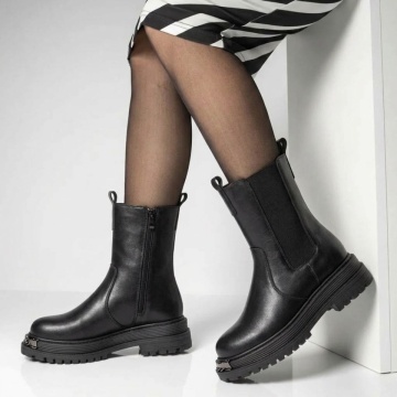 Reduceri ghete dama, Ghete dama negre cu fermoar si elastic din Piele naturala MOD10797, modlet.ro