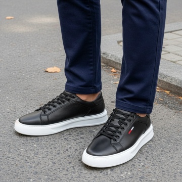 Pantofi casual barbati cu siret negri cu alb din Piele naturala MOD13774