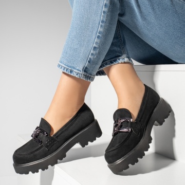 Pantofi casual cu talpa groasa si accesoriu metalic negru suede MOD13247, 4, modlet.ro