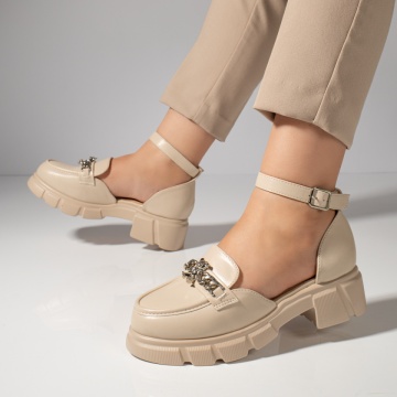Pantofi casual dama bej cu accesoriu metalic si catarama MOD11841, 3, modlet.ro
